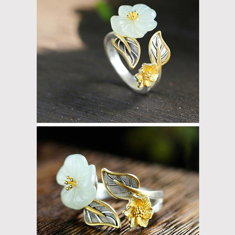 KarmaRipple's 925 Silver Plated Bronze Ivory Jade Plum Flower Leaf Fortune Ring p9