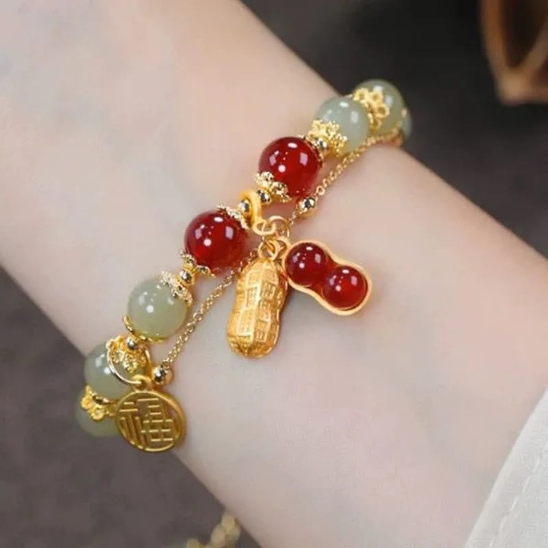 KarmaRipple's Jade Leaf Ginkgo Tulip Peanut Fu Character Fortune Beaded Bracelet p19
