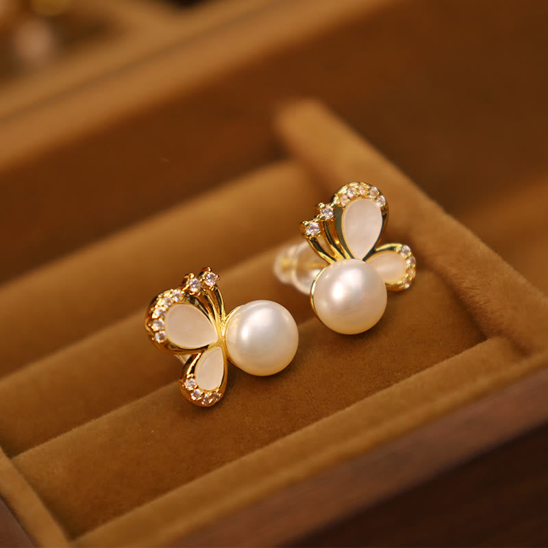 KarmaRipple's 925 Sterling Silver Posts 18K Gold Plated Bronze Authentic Pearl Butterfly Zircon Balancing Stud Earrings p2