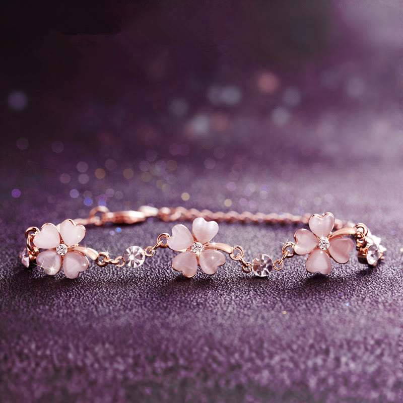 KarmaRipple's Pink Gemstone Four Leaf Clover Love Chain Bracelet p1