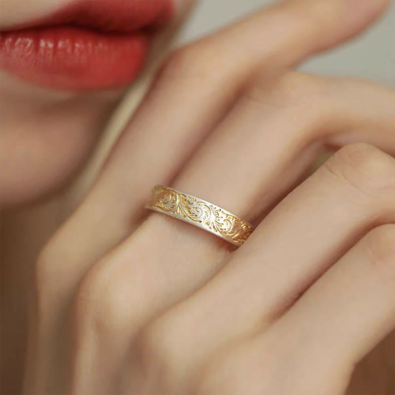 KarmaRipple's KarmaRipple 999 Sterling Silver Gold-Painted Joyful Flower Pattern Peaceful Heart Sutra Ring p12