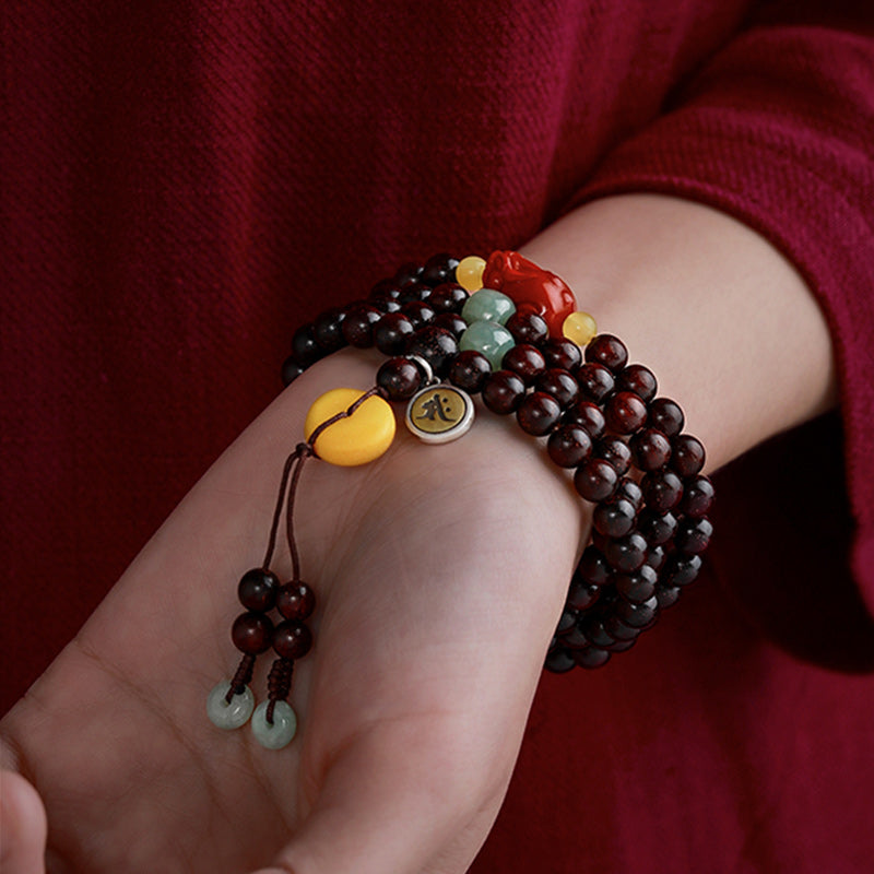 KarmaRipple's Chinese Zodiac Natal Buddha 108 Mala Beadwork Small Leaf Red Sandalwood Red Agate PiXiu Protection Bracelet p12