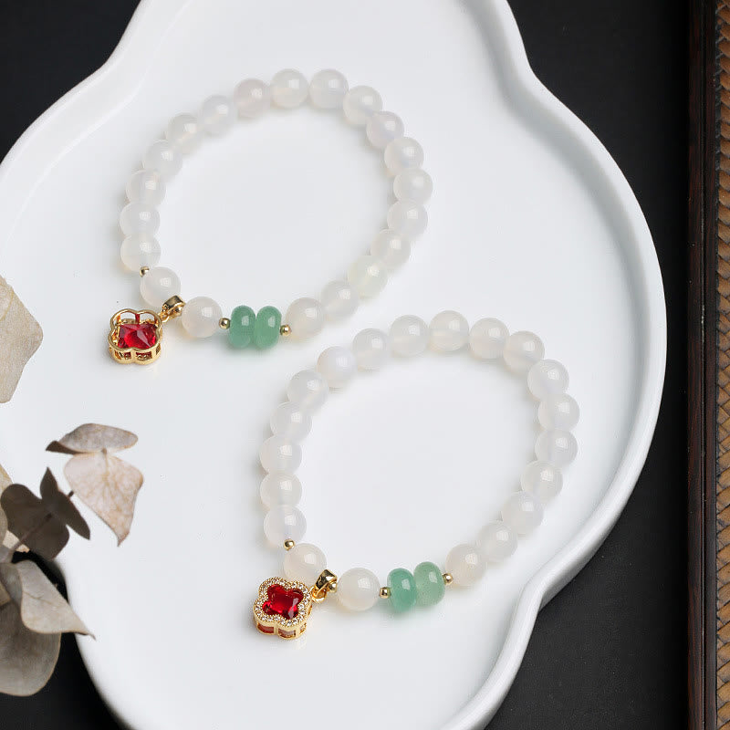 KarmaRipple's Authentic Ivory Agate Red Agate Money Bag Fu Character Four Leaf Clover Protection Bracelet p11
