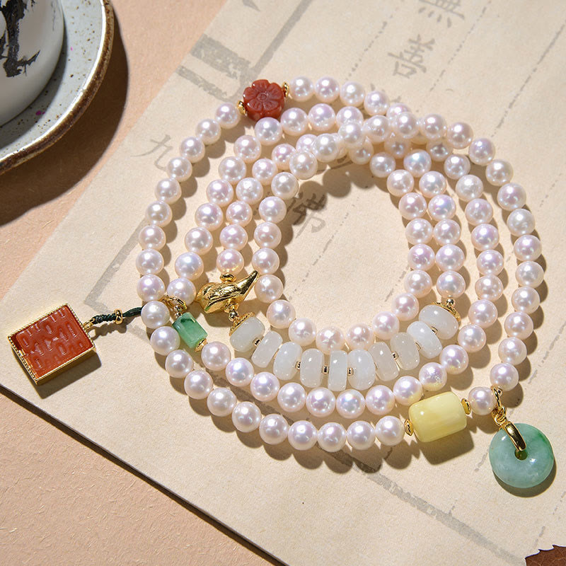 KarmaRipple's 925 Sterling Silver Pearl Hetian Jade Red Agate Double Happiness Amber Fortune Quadruple Wrap Bracelet p1