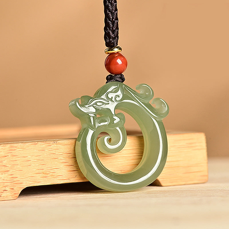 KarmaRipple's Ivory Jade Cyan Jade Dragon Protection Pendant String Necklace p1