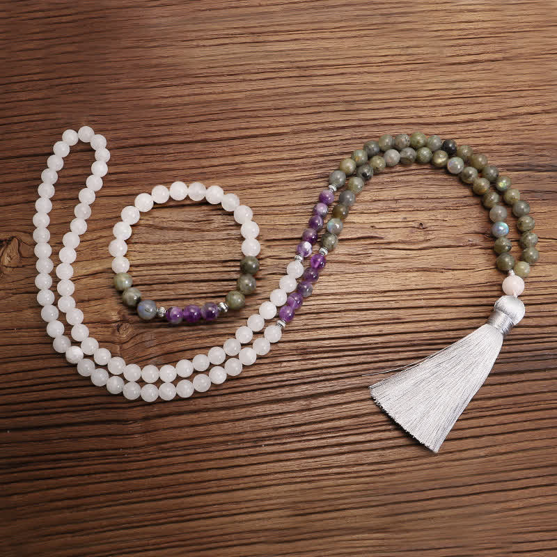 KarmaRipple's 108 Mala Beadwork Ivory Agate Amethyst Black Glitter Stone Protection Bracelet p9