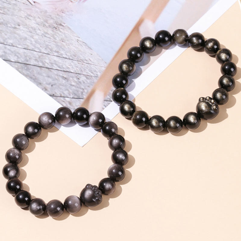 KarmaRipple's Authentic Gold Sheen Obsidian Silver Sheen Obsidian Cute Cat Paw Claw Wealth Bracelet p11