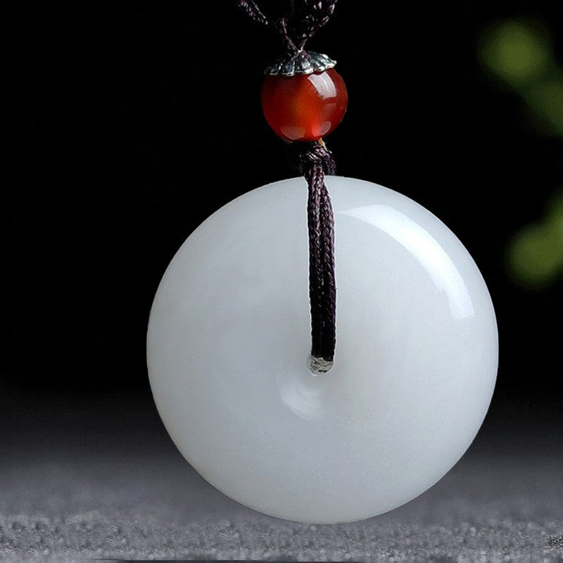 KarmaRipple's Round Hetian Ivory Jade Peace Buckle Blessing Pendant Necklace p1