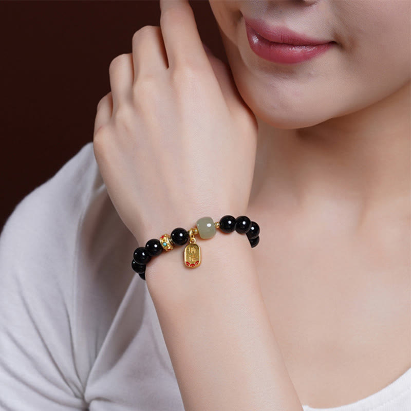 KarmaRipple's Black Onyx Hetian Jade Bead Fortunate Fortune Talisman Bracelet p5