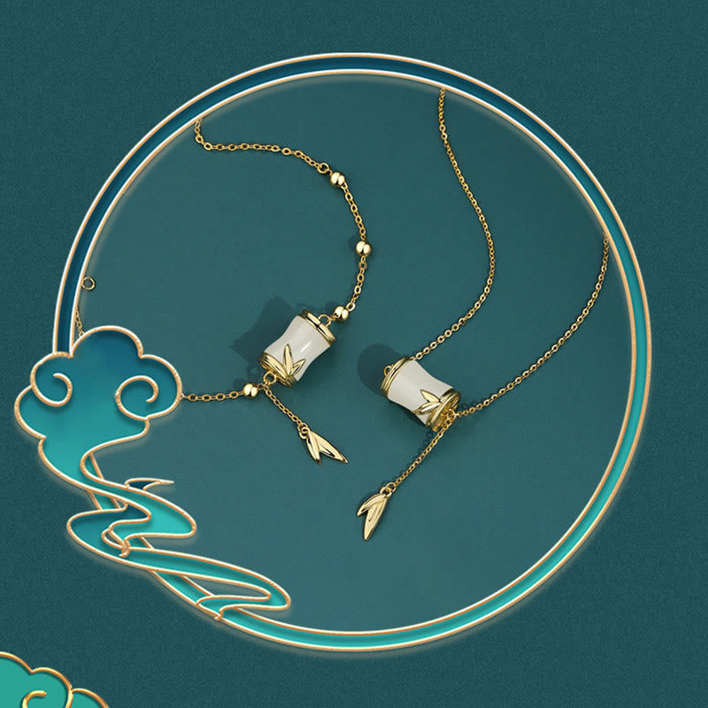 KarmaRipple's 925 Sterling Silver 22K Gold Hetian Ivory Jade Bamboo Leaf Fortune Pendant Necklace Bracelet p9