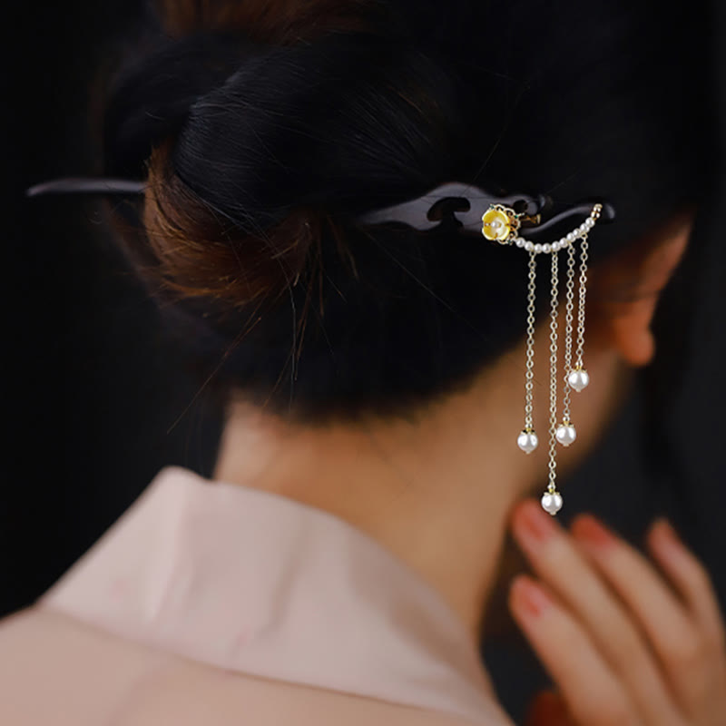 KarmaRipple's Ebony Wood Yellow Flower Pearl Tassels Hairpin p6