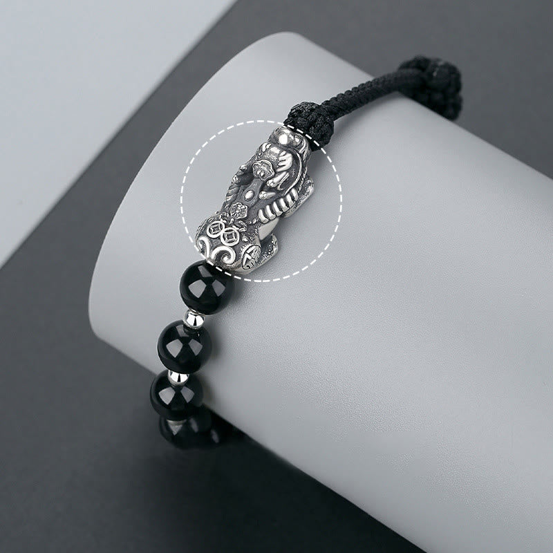 KarmaRipple's 999 Sterling Silver FengShui PiXiu Authentic Black Obsidian 925 Sterling Silver Bead Strength Bracelet p4