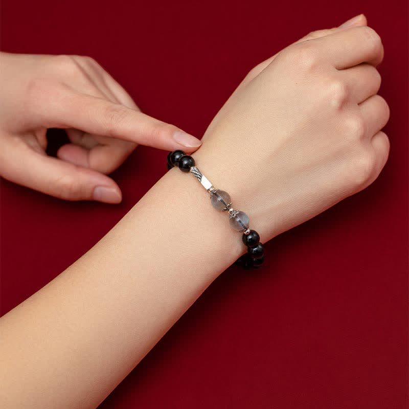 KarmaRipple's 925 Sterling Silver Obsidian Moonstone Strength Pair Bracelet p4
