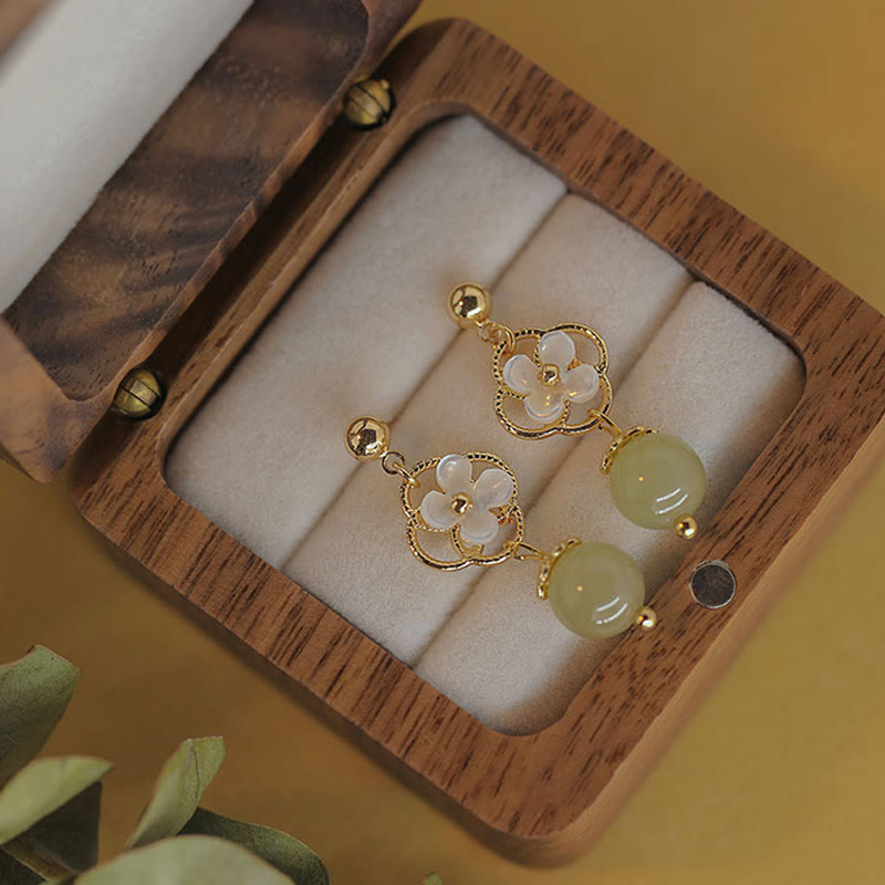 KarmaRipple's Tridacna Stone Flower Jade Bead Blessing Drop Earrings p1
