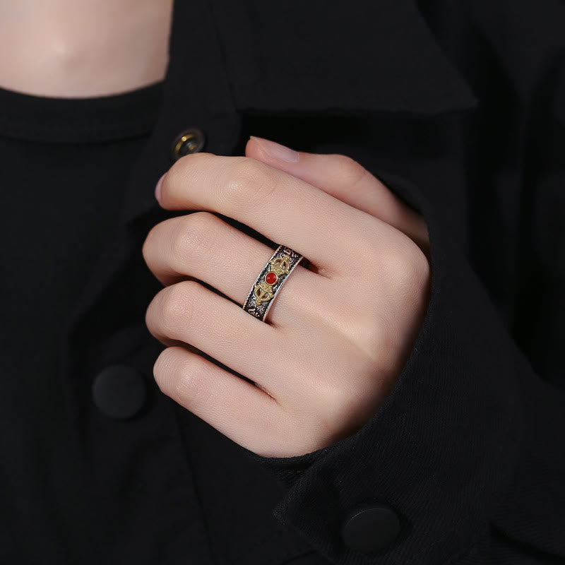 KarmaRipple's Tibetan Om Mani Padme Hum Red Agate Dorje Vajra Design Wisdom Ring p5