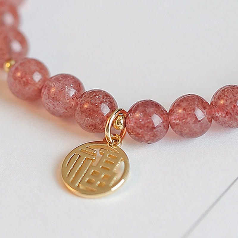 KarmaRipple's 14K Gold Plated Strawberry Quartz Fu Character Balancing Talisman Bracelet p6