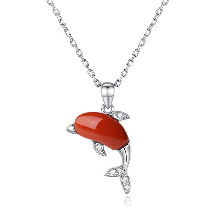KarmaRipple's 925 Sterling Silver Cute Dolphin Hetian Jade Red Agate Fortune Pendant Necklace Ring Earrings Set p20