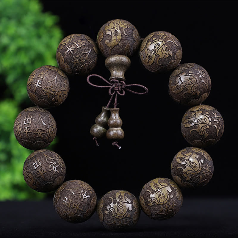 KarmaRipple's Chinese Zodiac Rosewood Ebony Boxwood Bronze Coin PiXiu Carved Warmth Bracelet p49