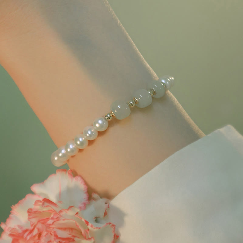 KarmaRipple's 14K Gold Plated Authentic Pearl Hetian Cyan Jade Ivory Jade Sincerity Bead Chain Bracelet p18