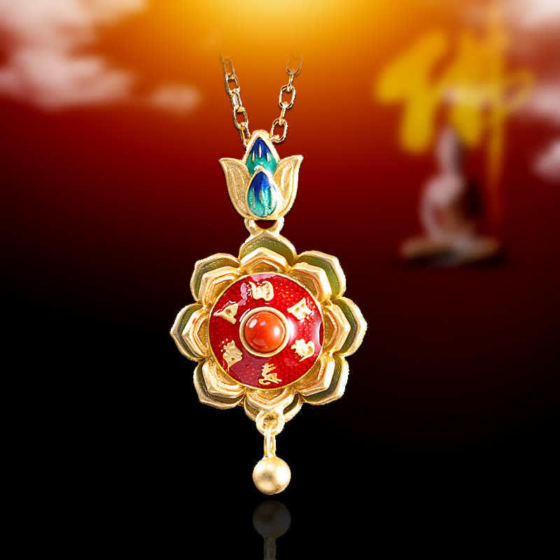 KarmaRipple's 925 Sterling Silver Tibet Lotus Prayer Wheel Red Agate Enlightenment Pendant Necklace p3
