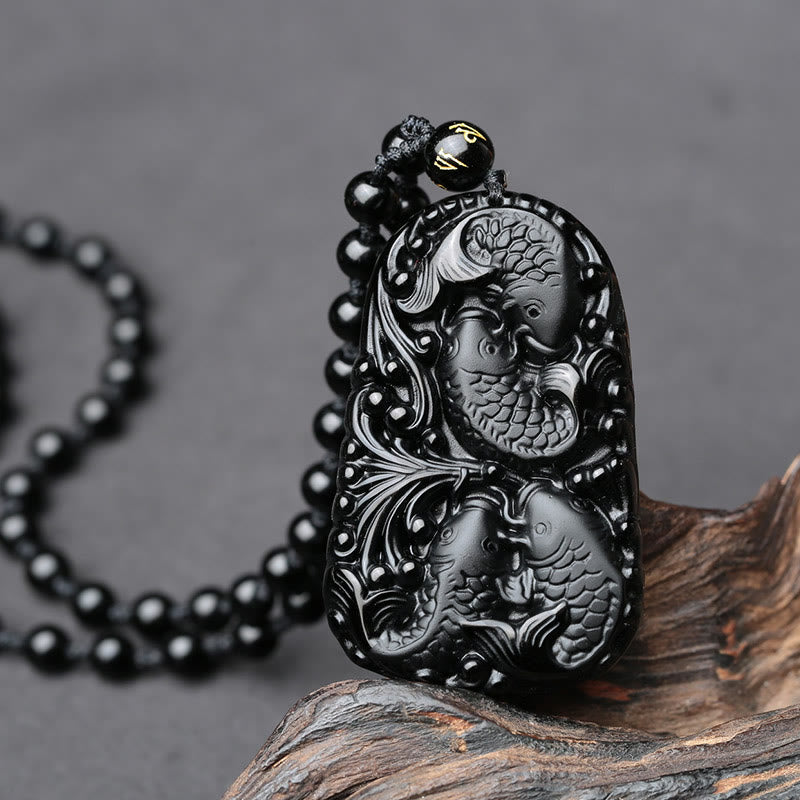 KarmaRipple's Black Obsidian Koi Fish Engraved Strength Beaded Pendant Necklace p9