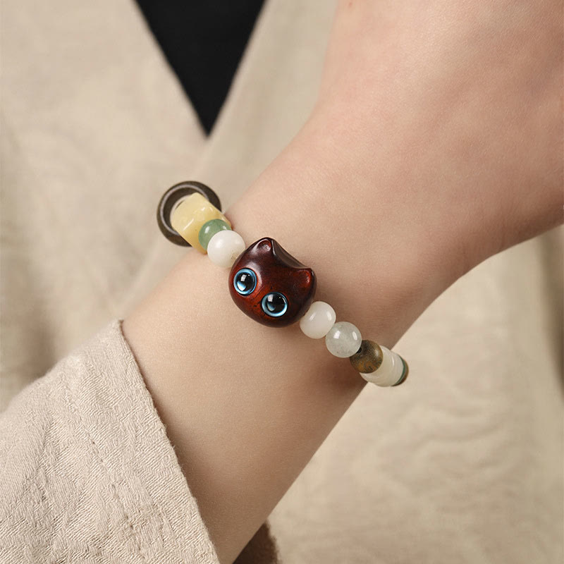 KarmaRipple's Bodhi Seed Green Sandalwood Ebony Wood Small Leaf Red Sandalwood Cat Head Paw Claw Peace Bracelet p16