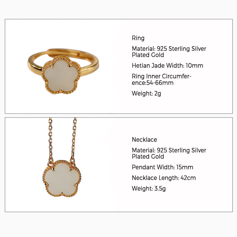KarmaRipple's 925 Sterling Silver Plated Gold Authentic Hetian Jade Flower Fortune Pendant Necklace Ring Set p7