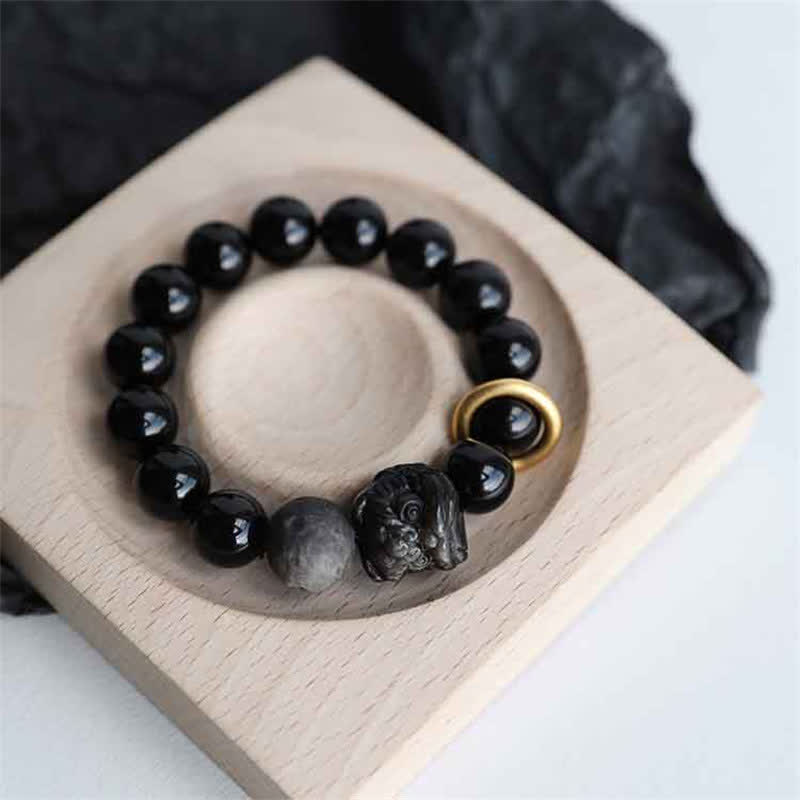 KarmaRipple's Black Obsidian Silver Sheen Obsidian Lion Strength Bracelet p2