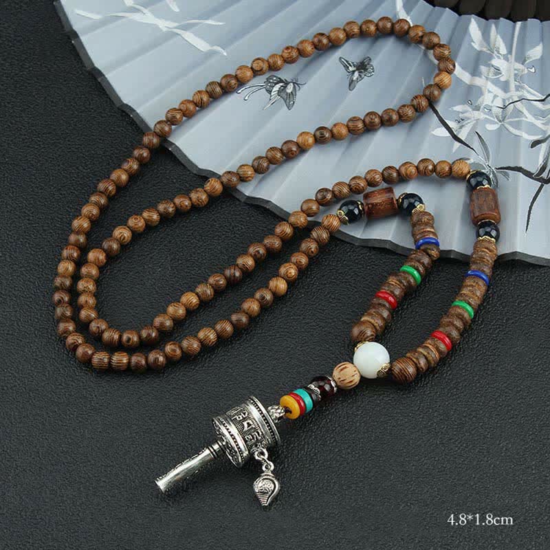 KarmaRipple's Tibetan Om Mani Padme Hum Prayer Wheel Rotation Vajra Wood Pendant Necklace p2