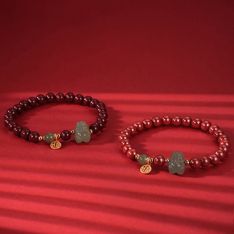 KarmaRipple's 925 Sterling Silver Year of the Dragon Authentic Cinnabar Hetian Jade Dragon Fu Character Ruyi As one'shes Talisman Blessing Bracelet p10