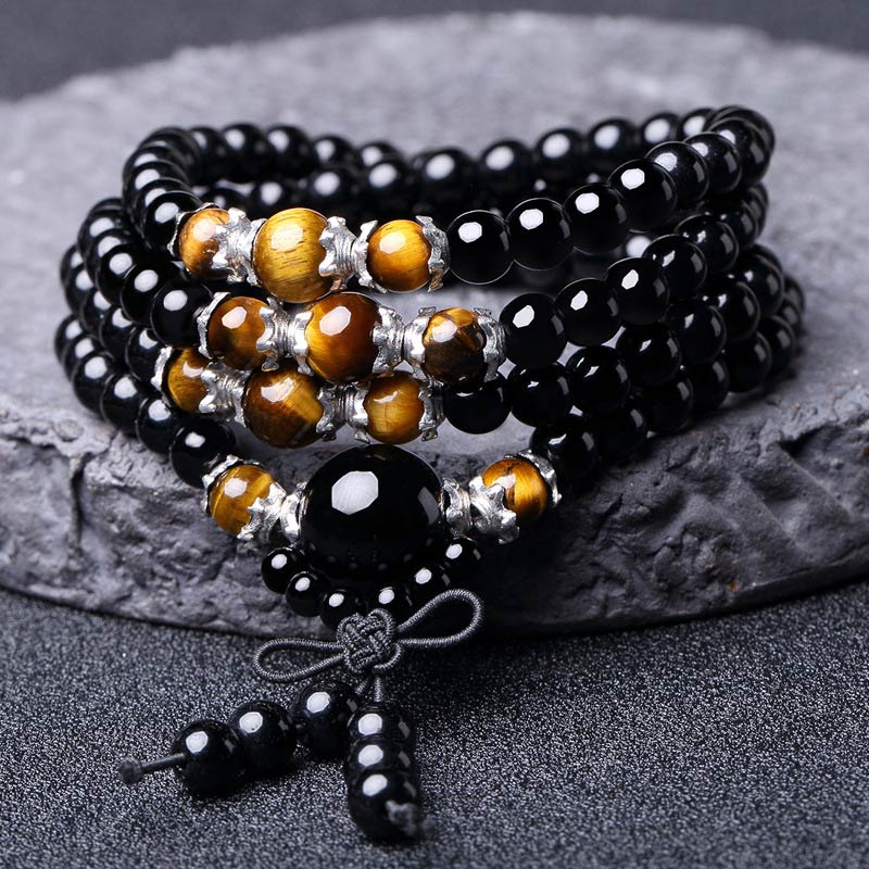 KarmaRipple's 108 Beadwork Authentic Black Obsidian Tiger Eye Mala Bracelet p3