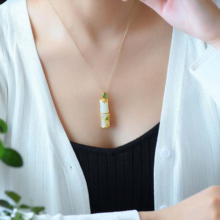 KarmaRipple's Ivory Jade Cyan Jade Bamboo Protection Pendant Necklace p4