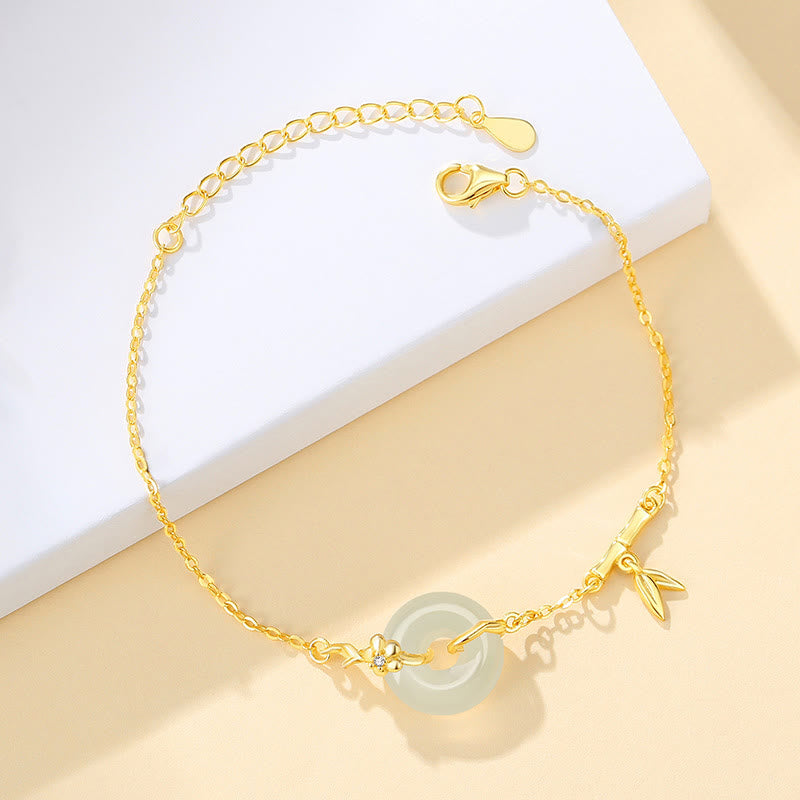 KarmaRipple's 925 Sterling Silver Hetian Jade Chalcedony Peace Buckle Bamboo Leaf Prosperity Chain Bracelet p15