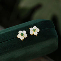 KarmaRipple's Ivory Jade Flower Fortune Blessing Stud Earrings