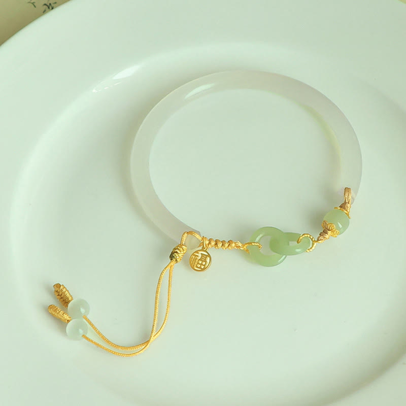 KarmaRipple's 925 Sterling Silver Authentic Ivory Agate Hetian Jade Double Peace Buckle Fu Character Bracelet Bangle p3