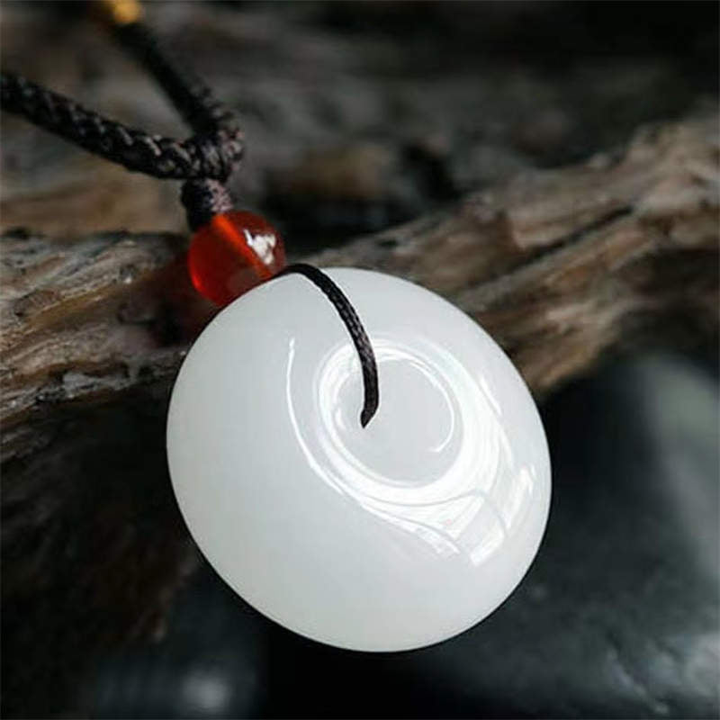 KarmaRipple's Round Hetian Ivory Jade Peace Buckle Blessing Pendant Necklace p2