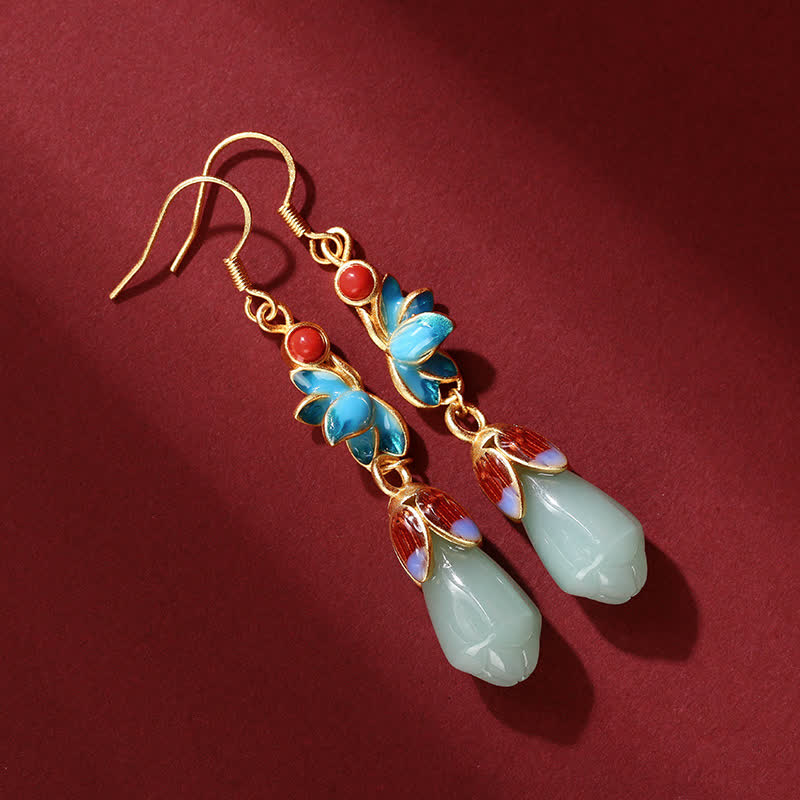 KarmaRipple's Magnolia Flower Jade Pattern Fortune Prosperity Drop Dangle Earrings p2