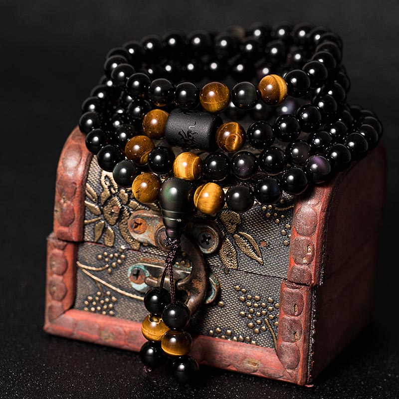 KarmaRipple's Authentic Black Obsidian Rainbow Obsidian Gourd Blessing Bracelet Mala p2