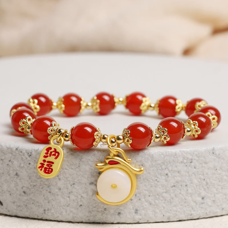 KarmaRipple's Year of the Dragon Red Agate Green Aventurine Peace Buckle Fu Character Fortunate Fortune Bracelet p15