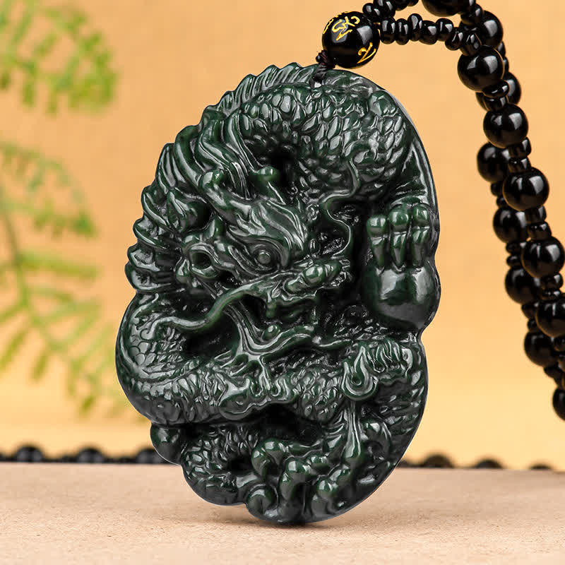 KarmaRipple's Hetian Cyan Jade Dragon Success Balance Pendant Beaded String Necklace p8