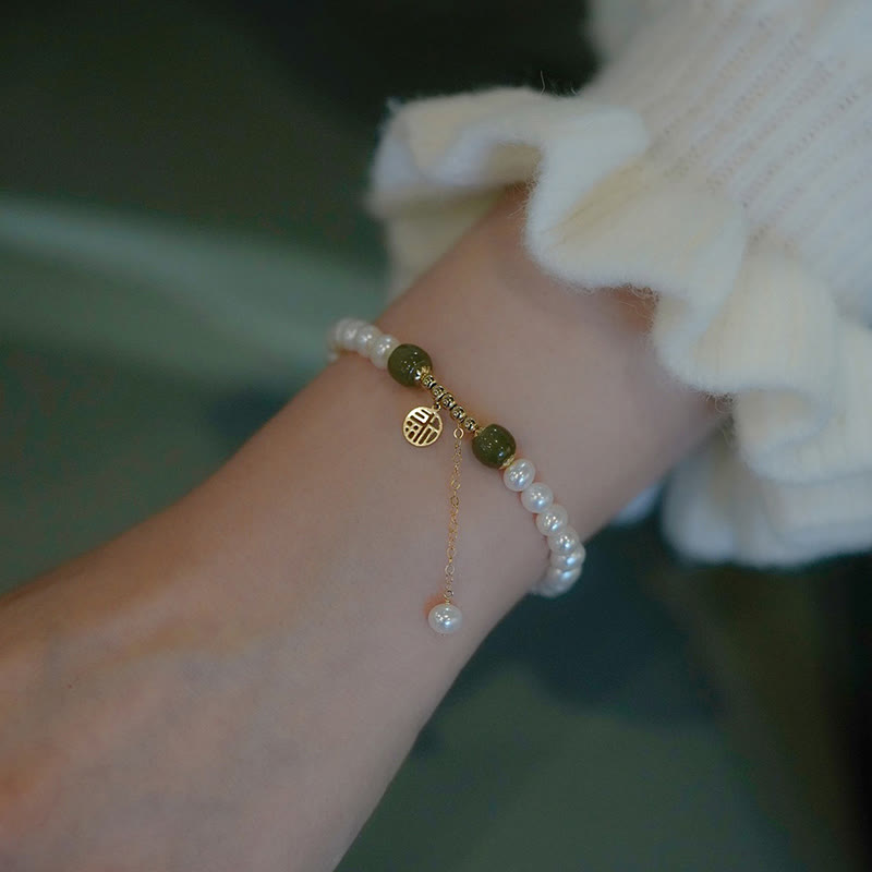 KarmaRipple's Authentic Pearl Hetian Jade Happiness Wisdom Bead Bracelet p2