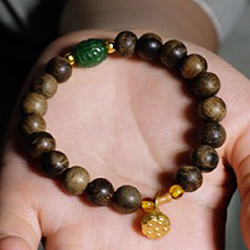 KarmaRipple's 999 Gold Brunei Agarwood Cyan Jade Lotus Flower Peace Strength Bracelet p3