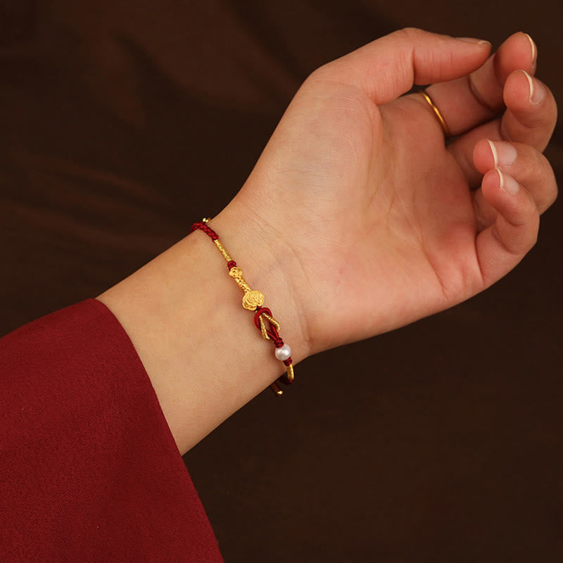 KarmaRipple's 24K Gold Wish Ruyi Handle Fu Character Rabbit Pearl Fortune Woven Bracelet p7