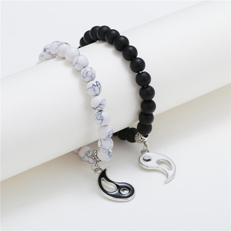 KarmaRipple's 2pcs Authentic Black Onyx Ivory Turquoise Bead Yin Yang Pair Bracelet p7