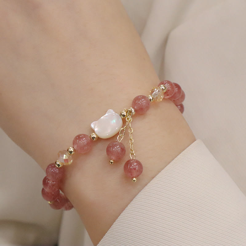 KarmaRipple's Authentic Strawberry Quartz Morganite Tridacna Stone Cat Love Bracelet p1