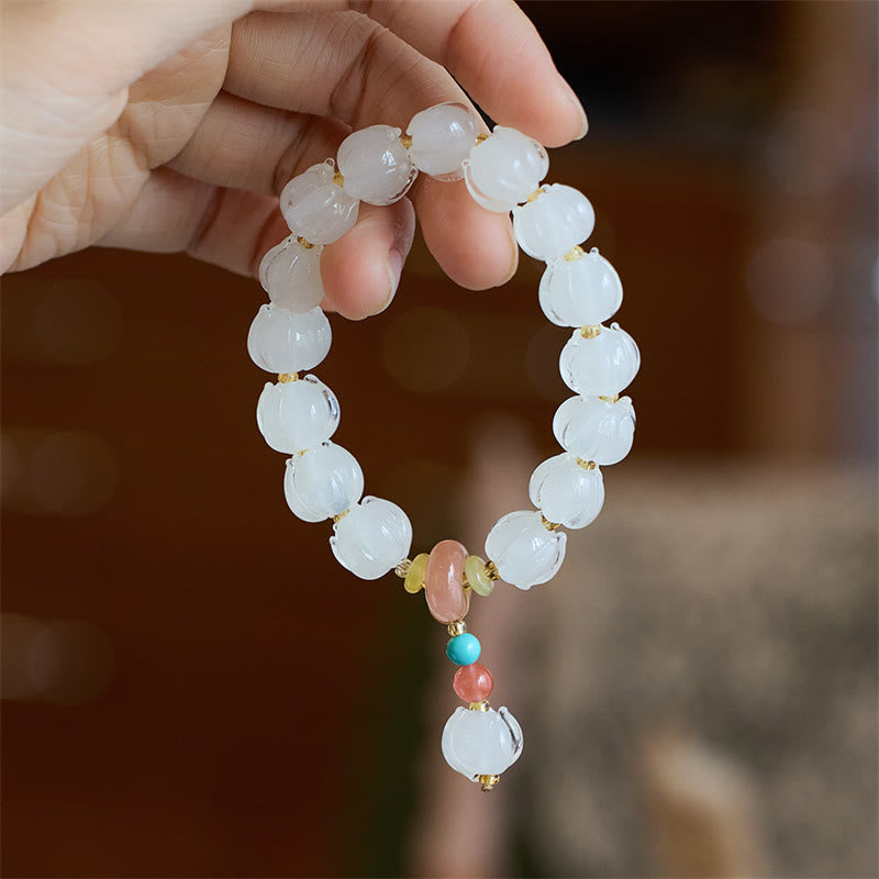 KarmaRipple's Liuli Glass Bead Lotus Design Fluorite Ivory Fruit Dancing Lion Talisman Enlightenment Bracelet p12