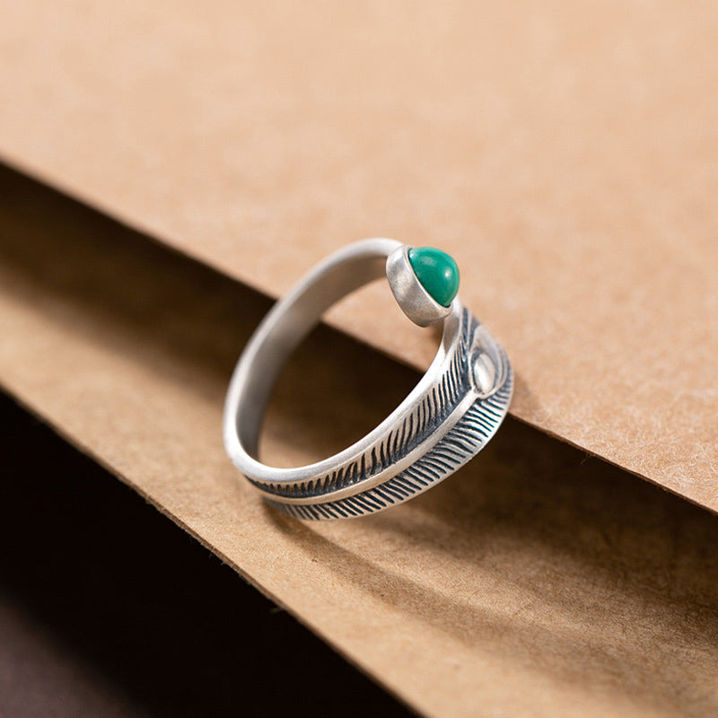 KarmaRipple's 925 Sterling Silver Malachite Bead Feather Protection Ring p5