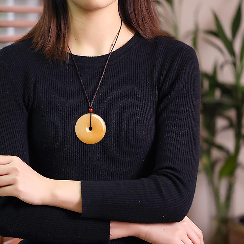 KarmaRipple's Round Golden Silk Jade Peace Buckle Wealth Necklace Pendant p3