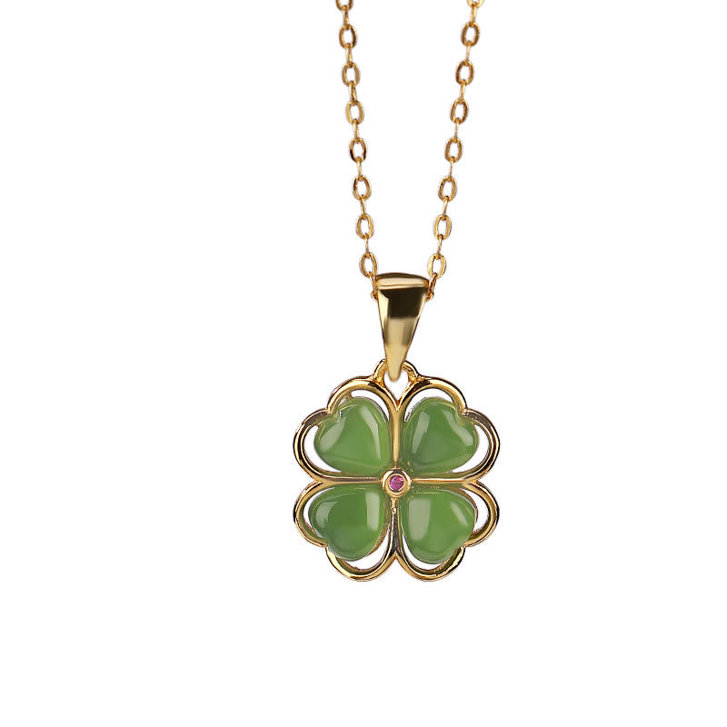 KarmaRipple's 925 Sterling Silver Hetian Cyan Jade Fortunate Four Leaf Clover Balancing Pendant Necklace p7