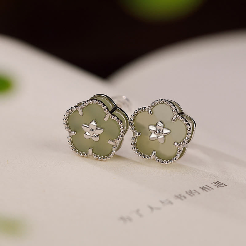 KarmaRipple's 925 Sterling Silver Hetian Jade Plum Flower Fortune Stud Earrings p1